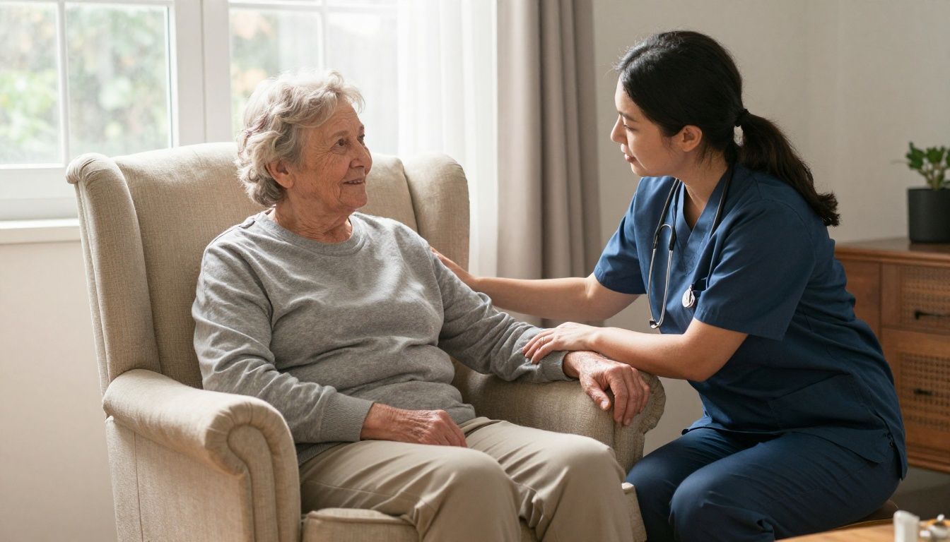 A compassionate home care professional gently assists an older adult sitting in a comfortable armchair in a sunlit living room.