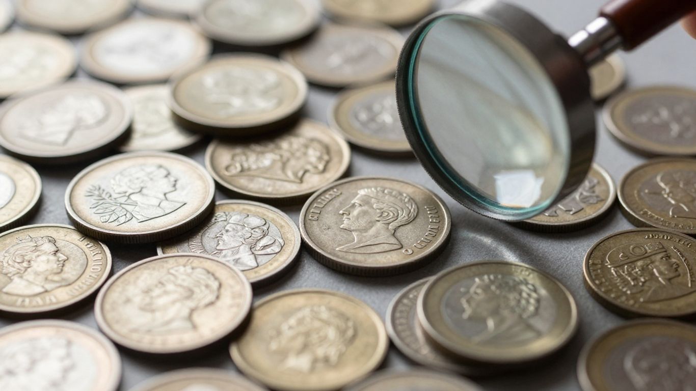 Magnifying glass over old and new coins.
