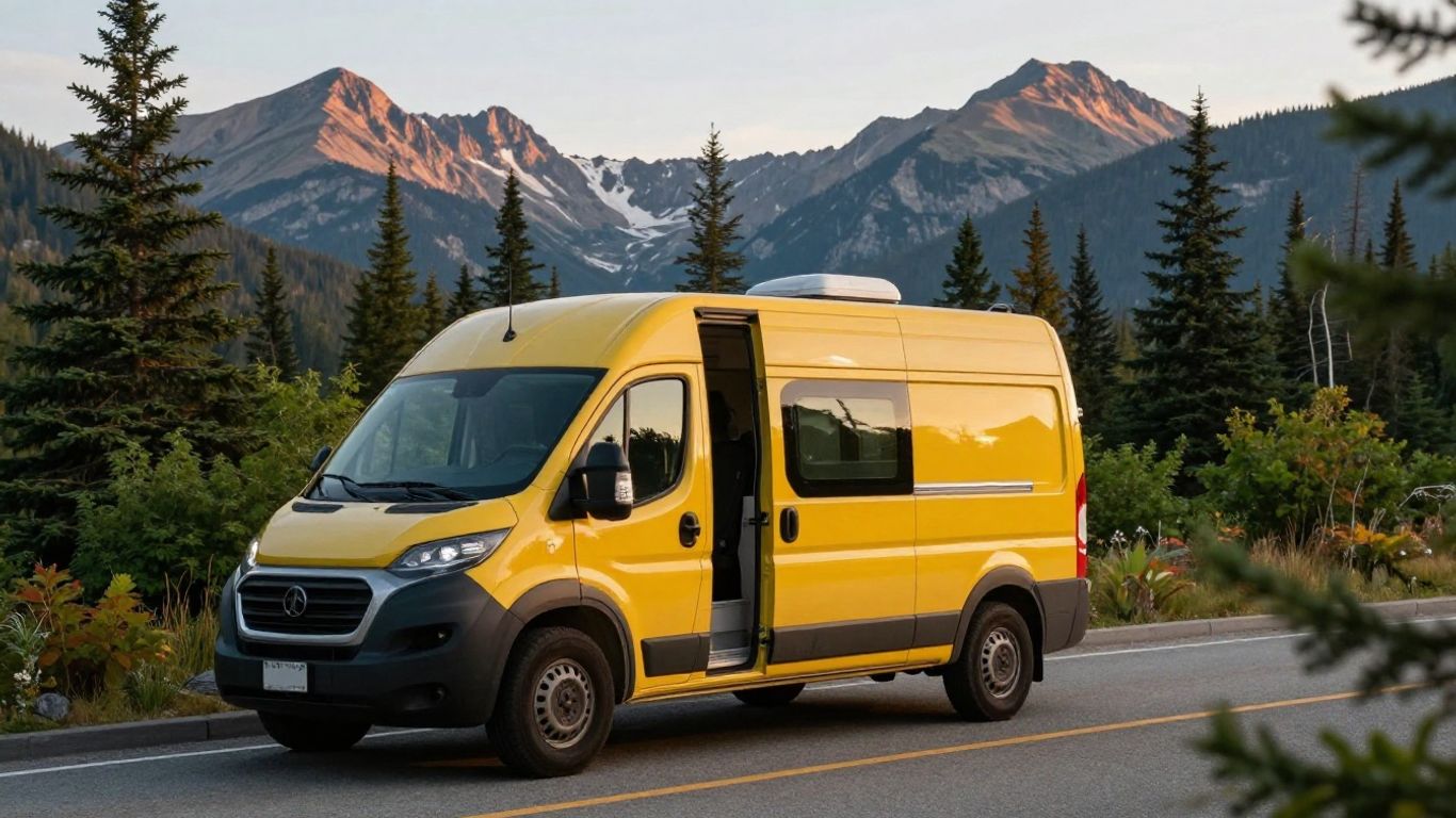 Campervan parked on a scenic Canadian roadside with mountains.