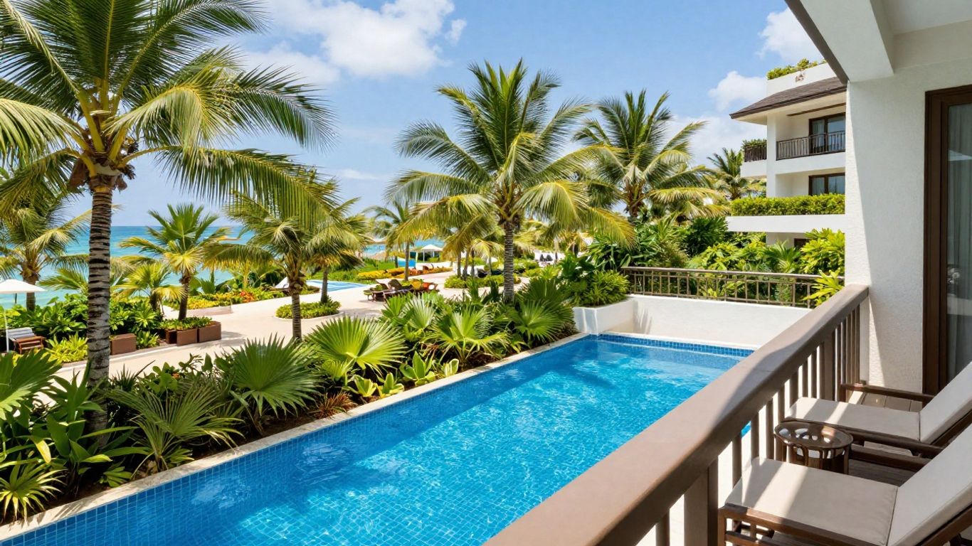 Oaks Caloundra resort with pool and palm trees.