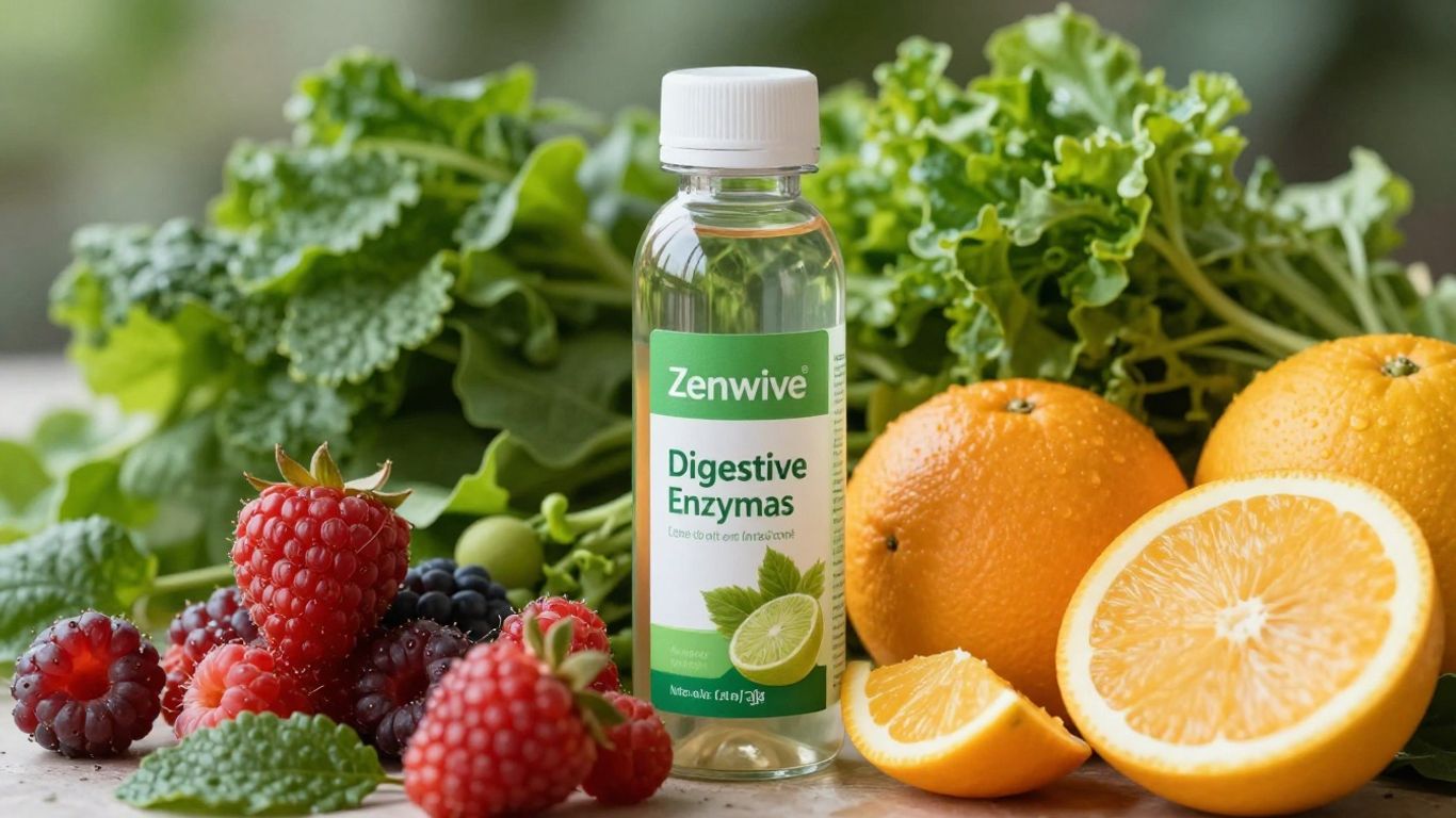 Zenwise Digestive Enzymes bottle with fruits and vegetables.