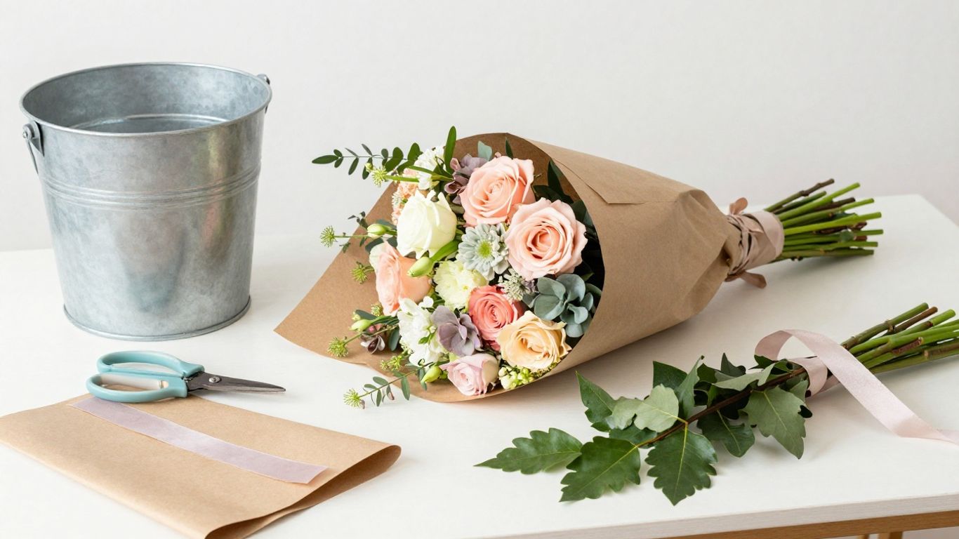 Fresh hand-tied flowers prepared for local delivery