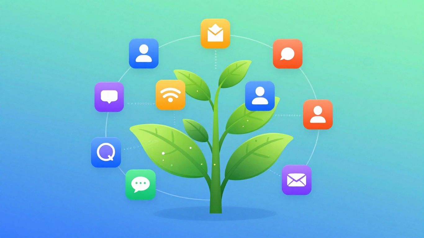 Unified bio link strategy interface with social media icons and plant growth.