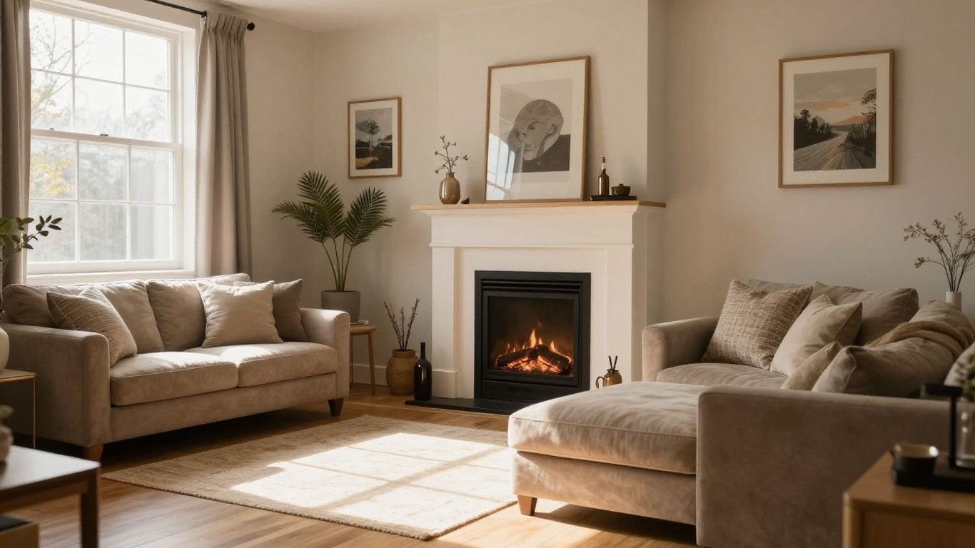 Remodeled basement living space with fireplace and seating.