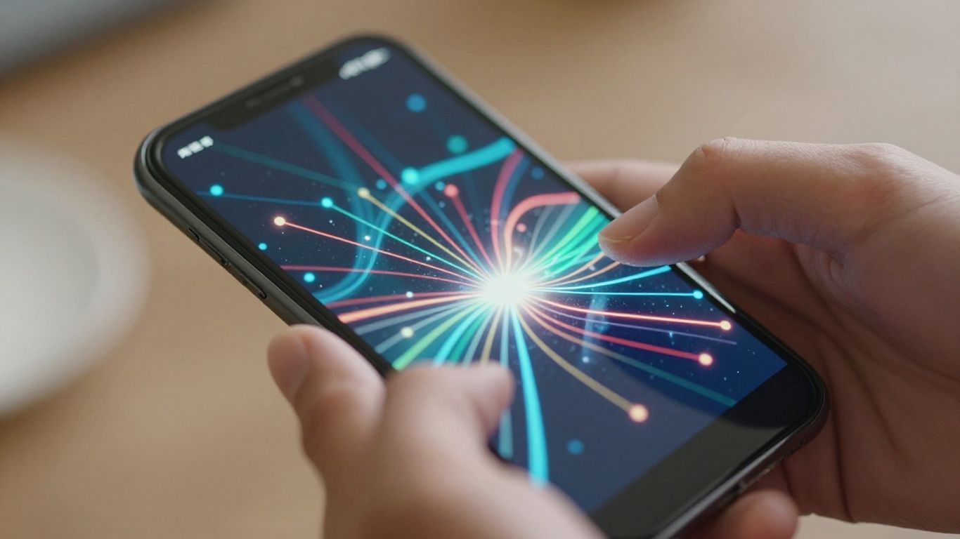 Hands holding smartphone with abstract digital interface.