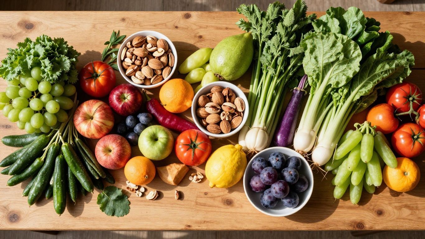 Assortment of fresh fruits, vegetables, and nuts on a table.