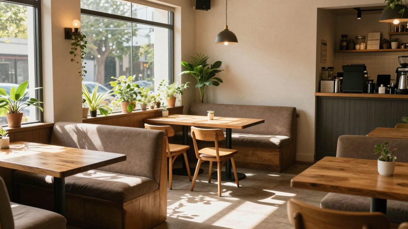 Gemütliches Café mit warmem Licht und bequemen Sitzgelegenheiten.