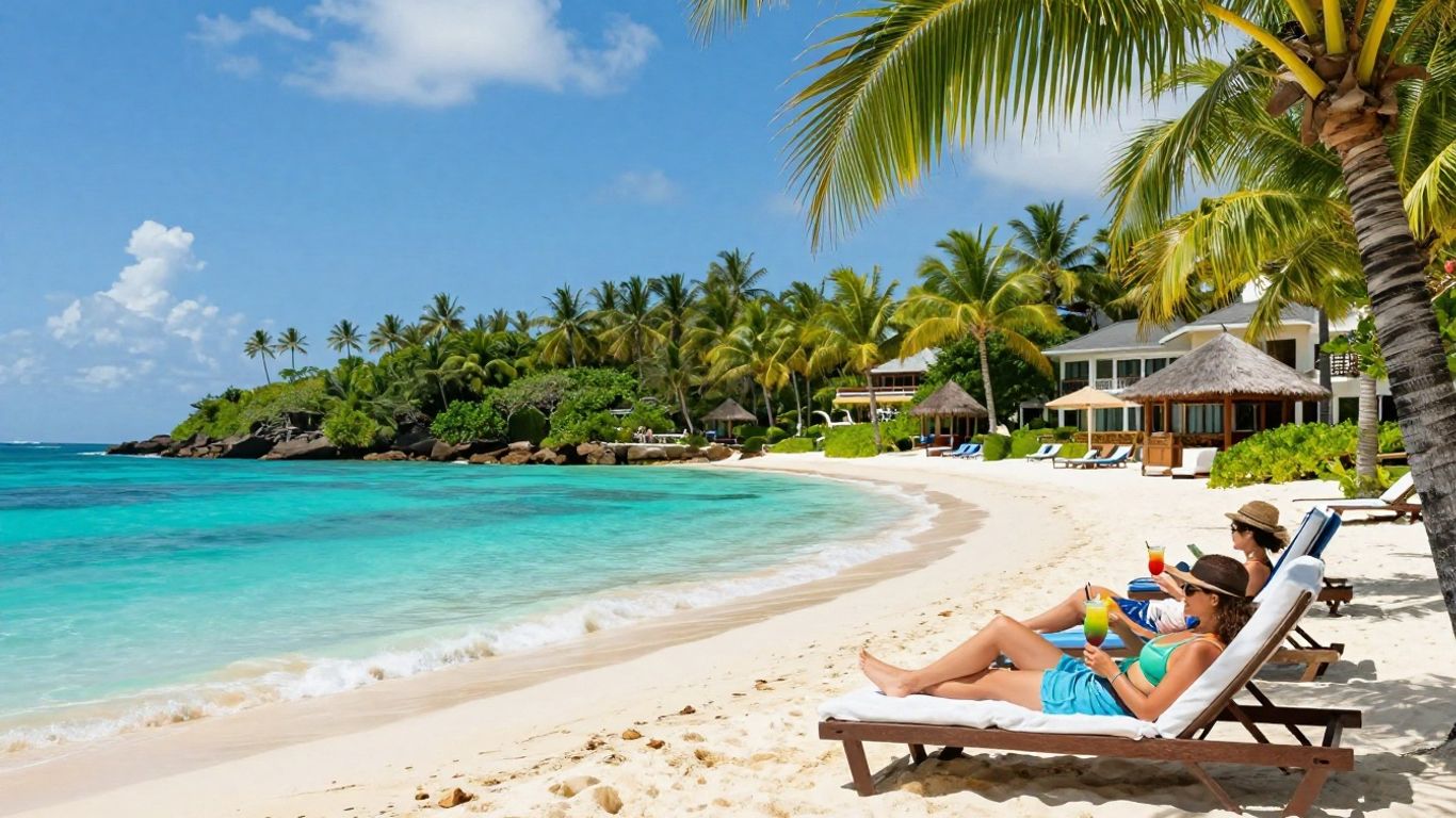 Couple enjoying cocktails on a tropical beach.