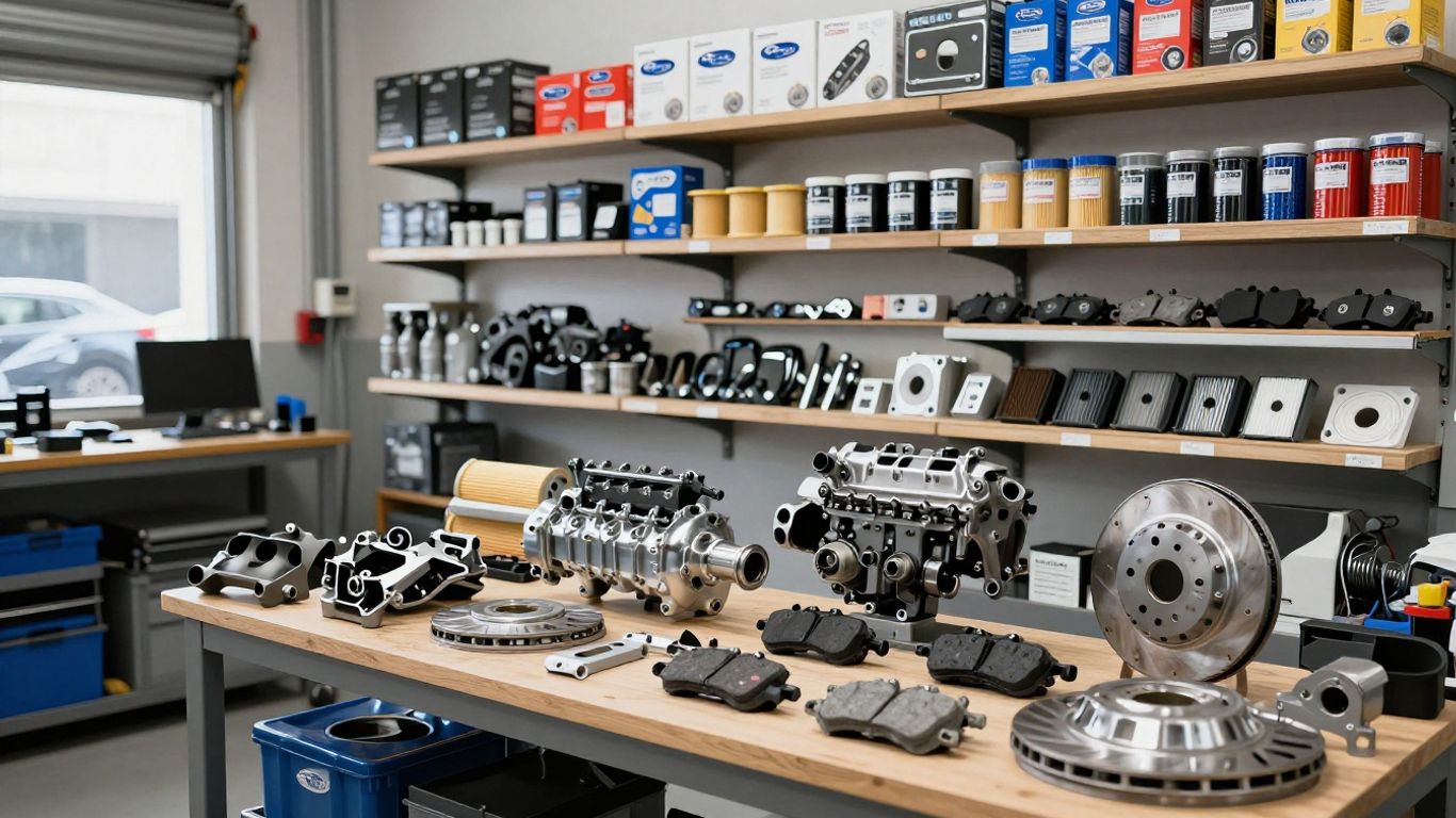 Subaru Outback parts displayed in a workshop.