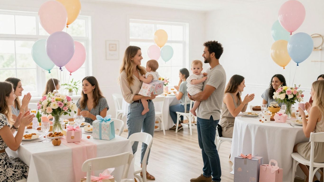 Elegant baby shower venue with decorations and happy guests.