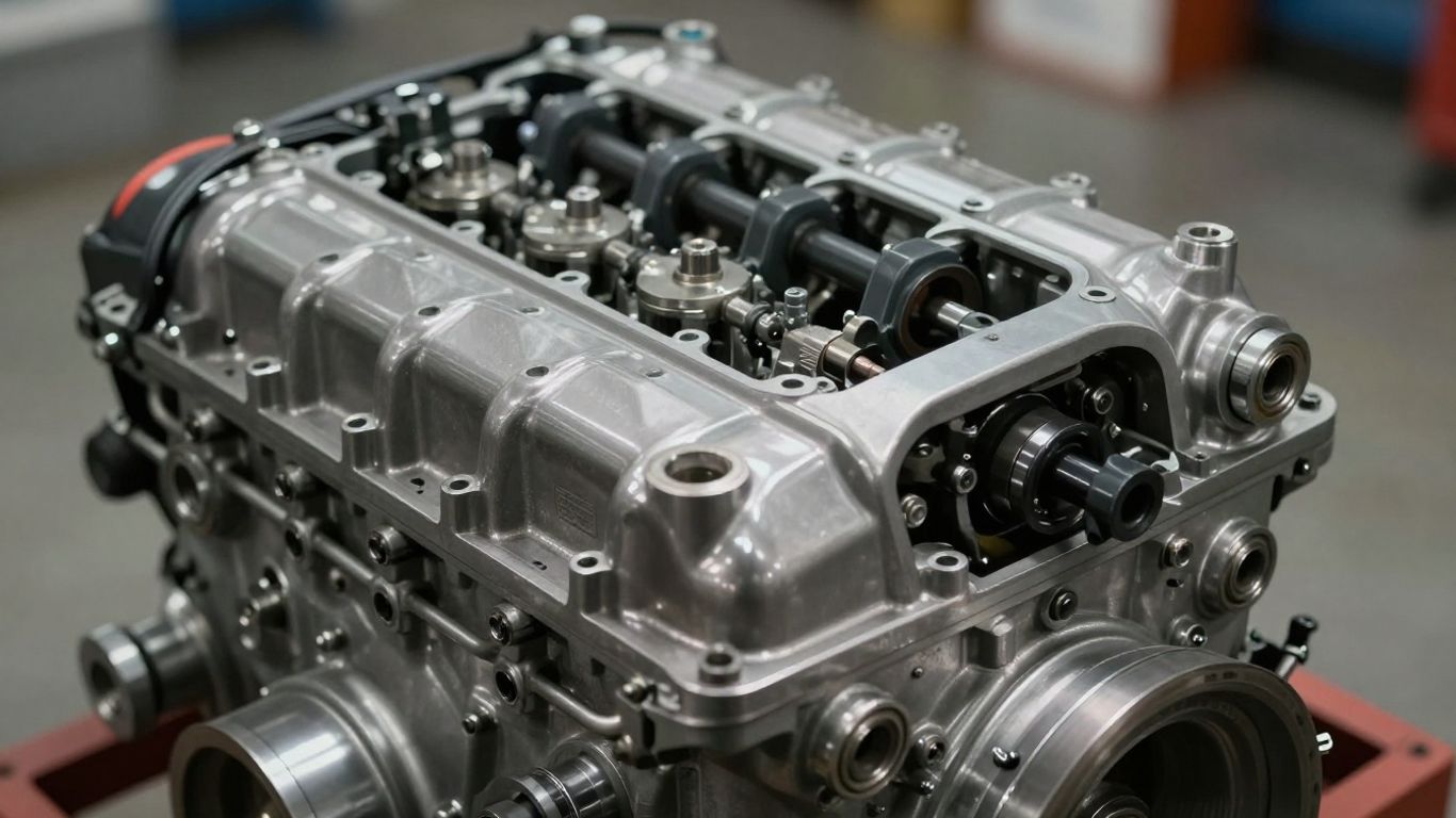 Reconditioned engine with gleaming metal parts.