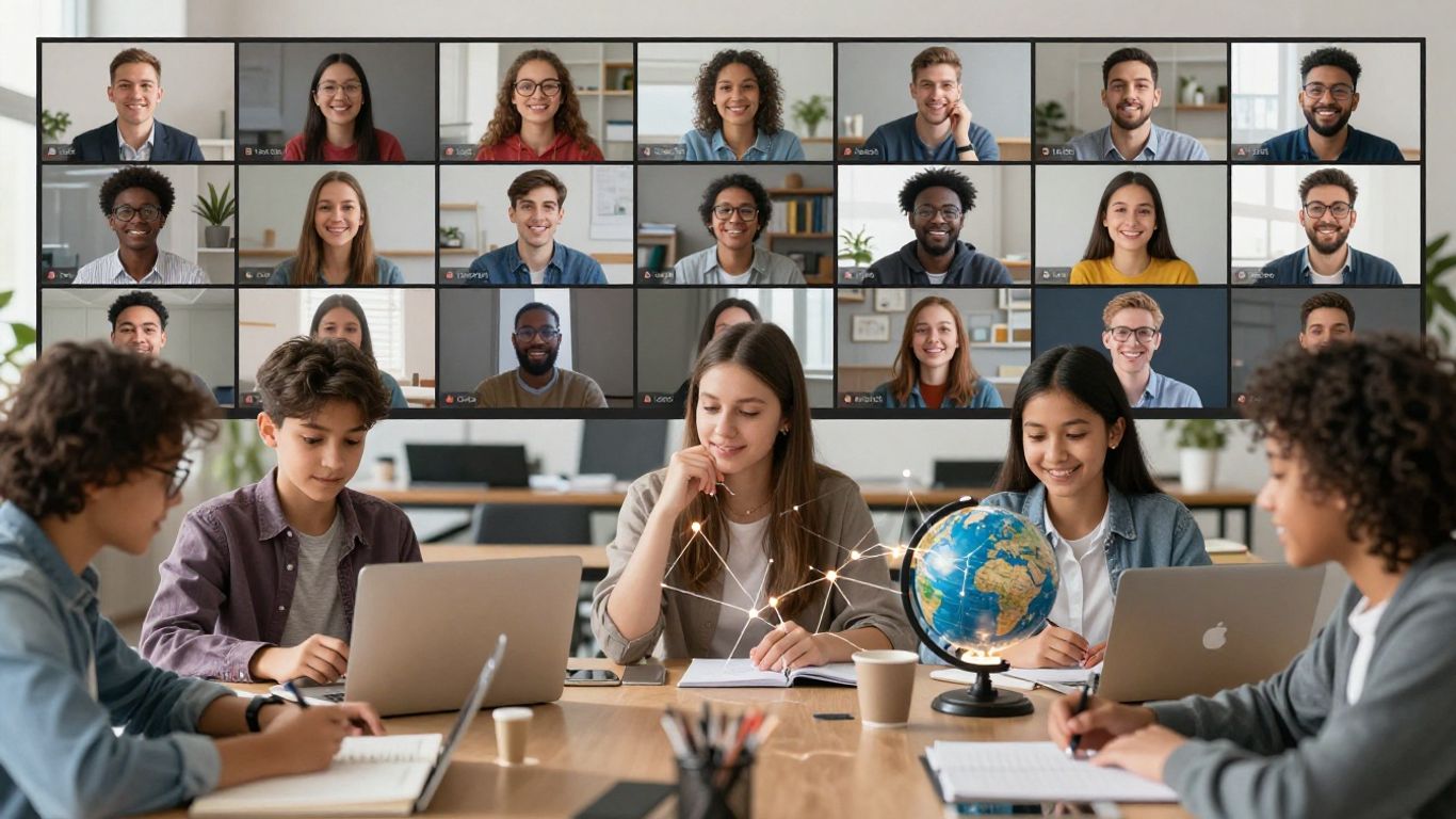 Estudiantes conectándose globalmente a través de plataformas de educación digital.