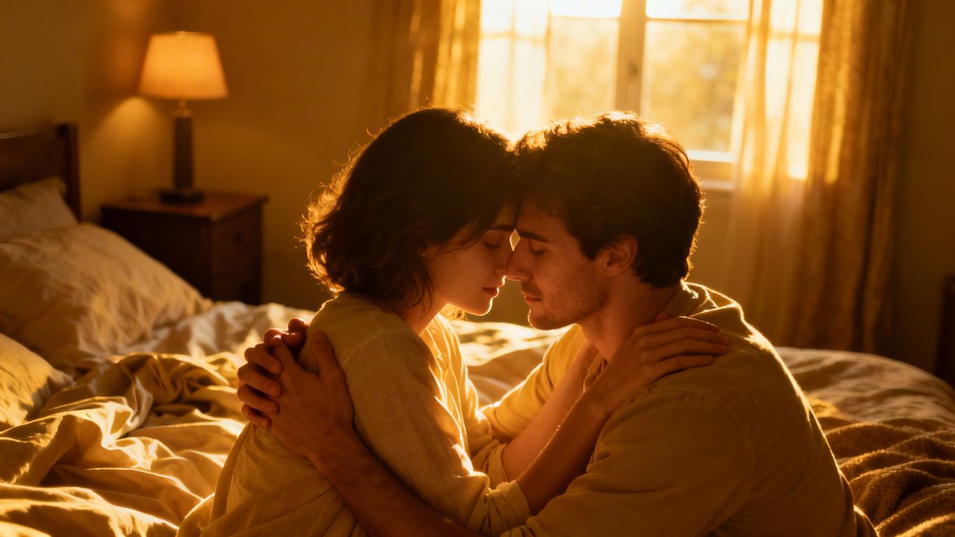 Couple embracing in a romantic bedroom.