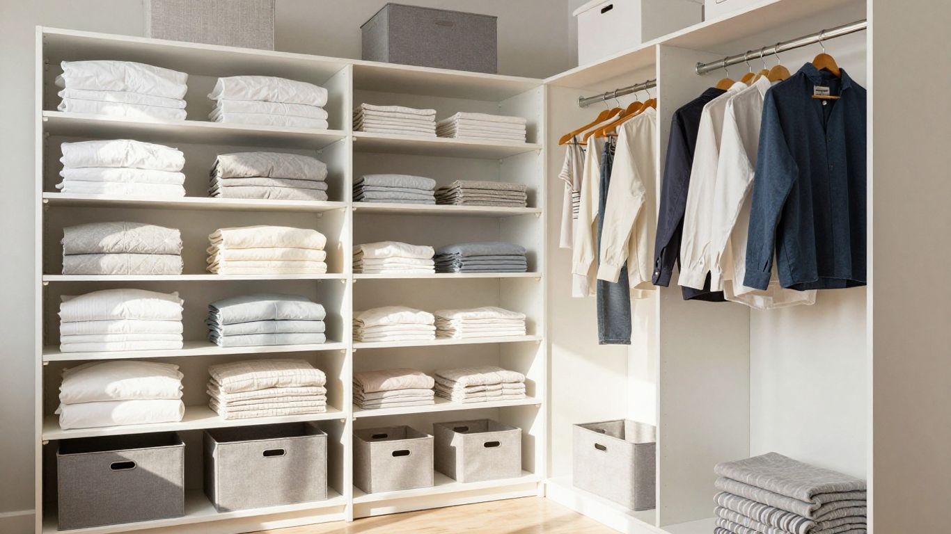 Organized Airbnb closet with storage bins and folded linens.