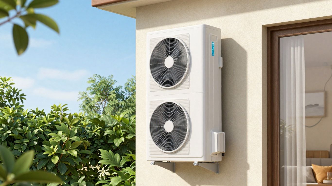 Modern heat pump on a home exterior.