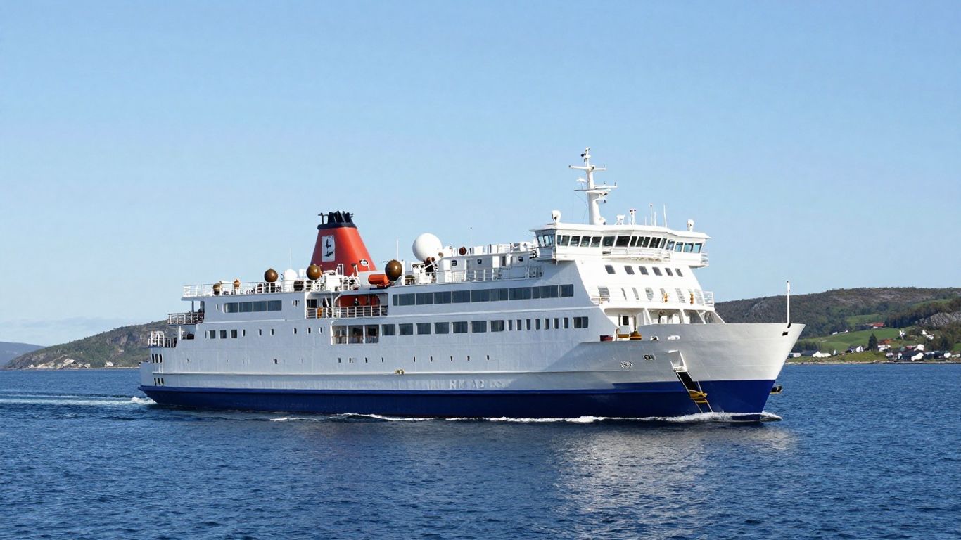 Ferry sailing across blue water towards distant green coastlines.
