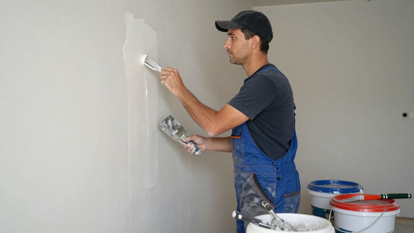 Plasterer applying smooth plaster to a wall.