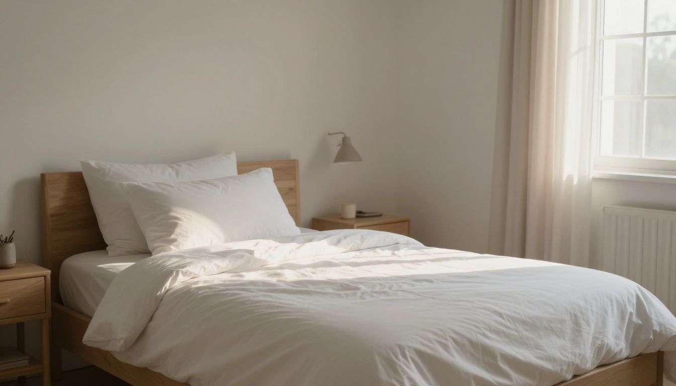A serene bedroom at dawn with soft light filtering in, showing a neatly made bed, suggesting a restful night's sleep and a fresh start to the day.