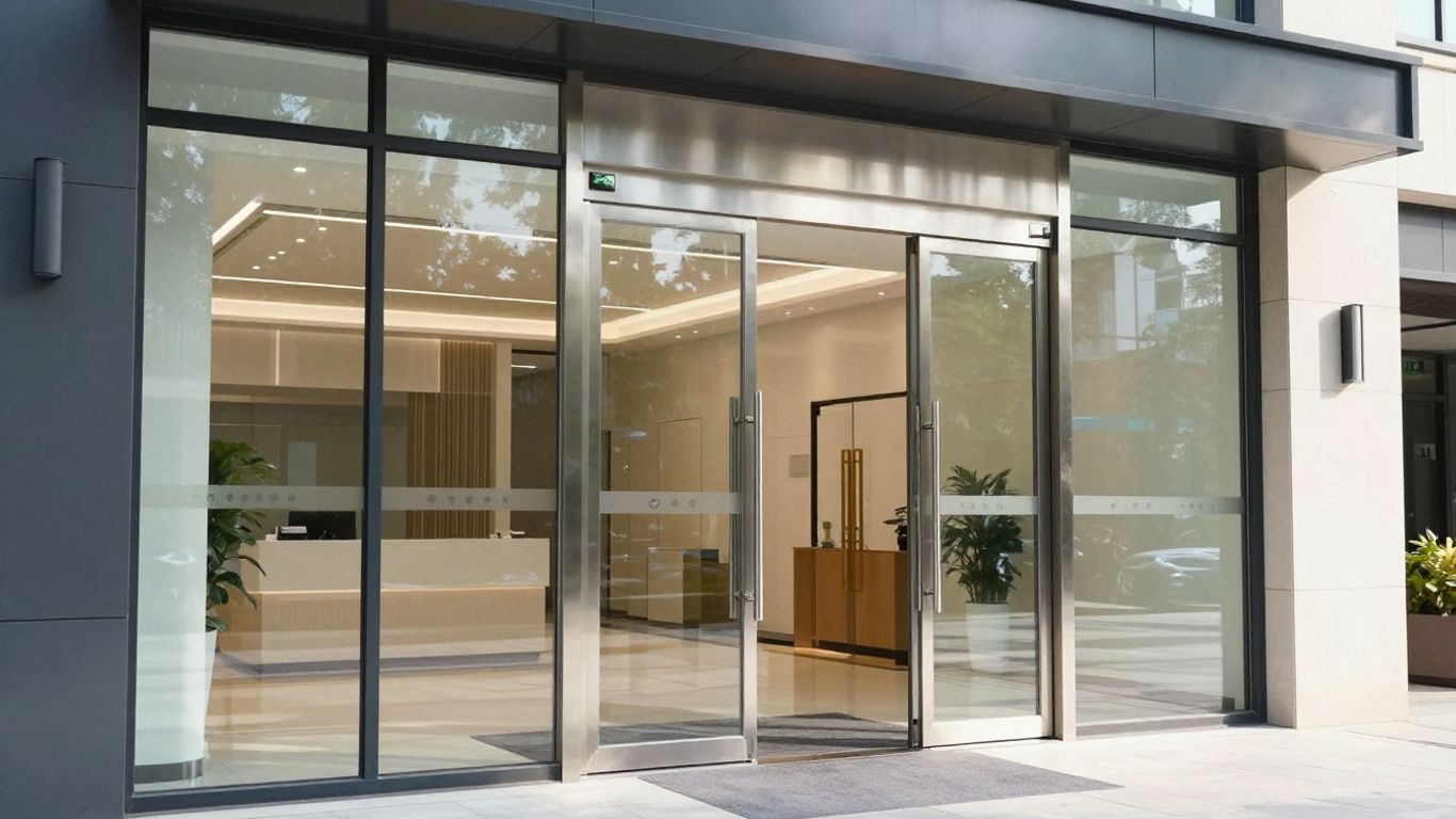 Automatic sliding glass door on a commercial building.