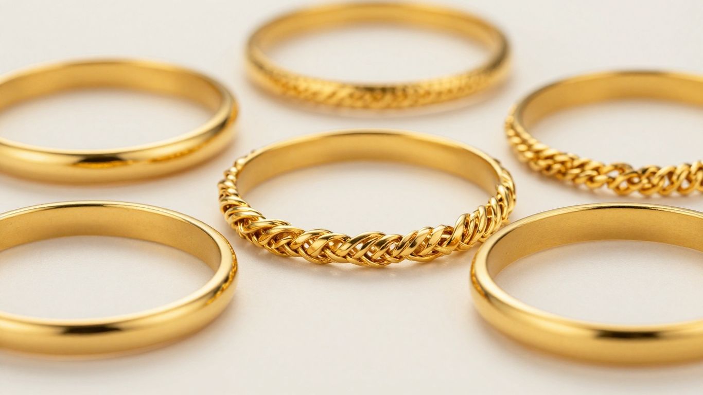 Collection of elegant gold bracelets with intricate designs.