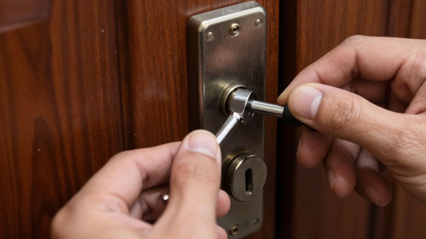 Locksmith opening a locked door with tools.
