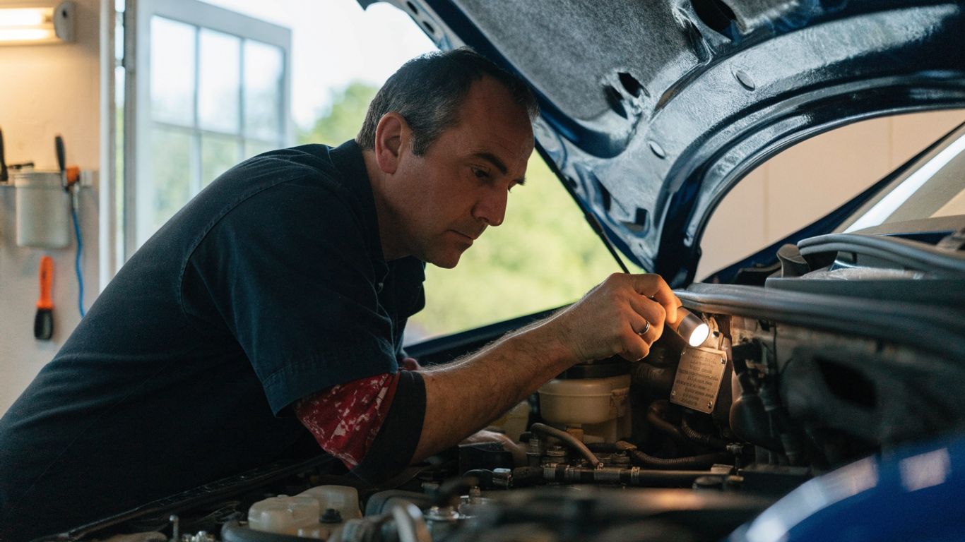 Mechanic reviewing an engine identification plate