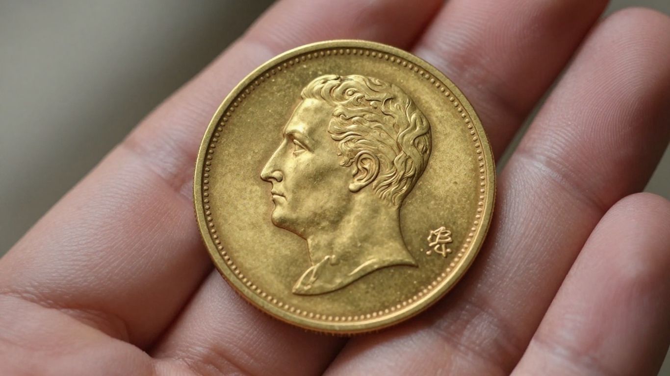 Close-up of a hand holding a valuable gold coin.