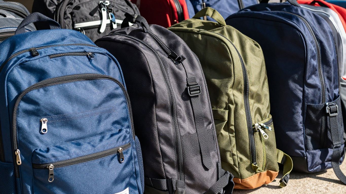 Stack of durable backpacks for wholesale orders.