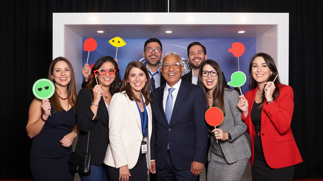 Photo booth at a Toronto corporate event with laughing guests.