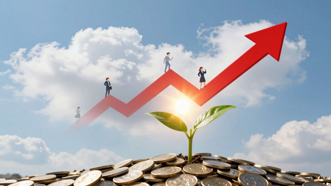 Upward arrow and growing plant symbolizing business growth.