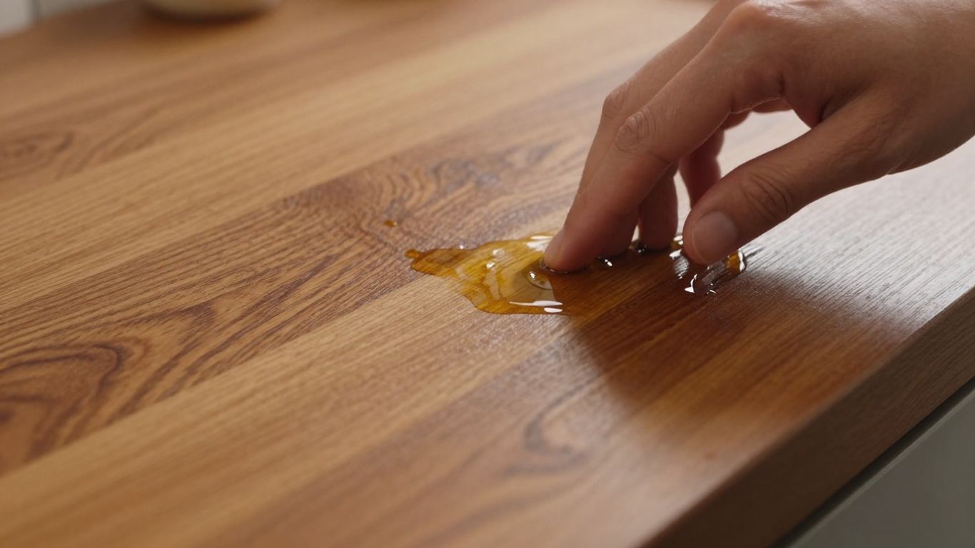 Hands oiling a wooden kitchen worktop for a smooth finish.
