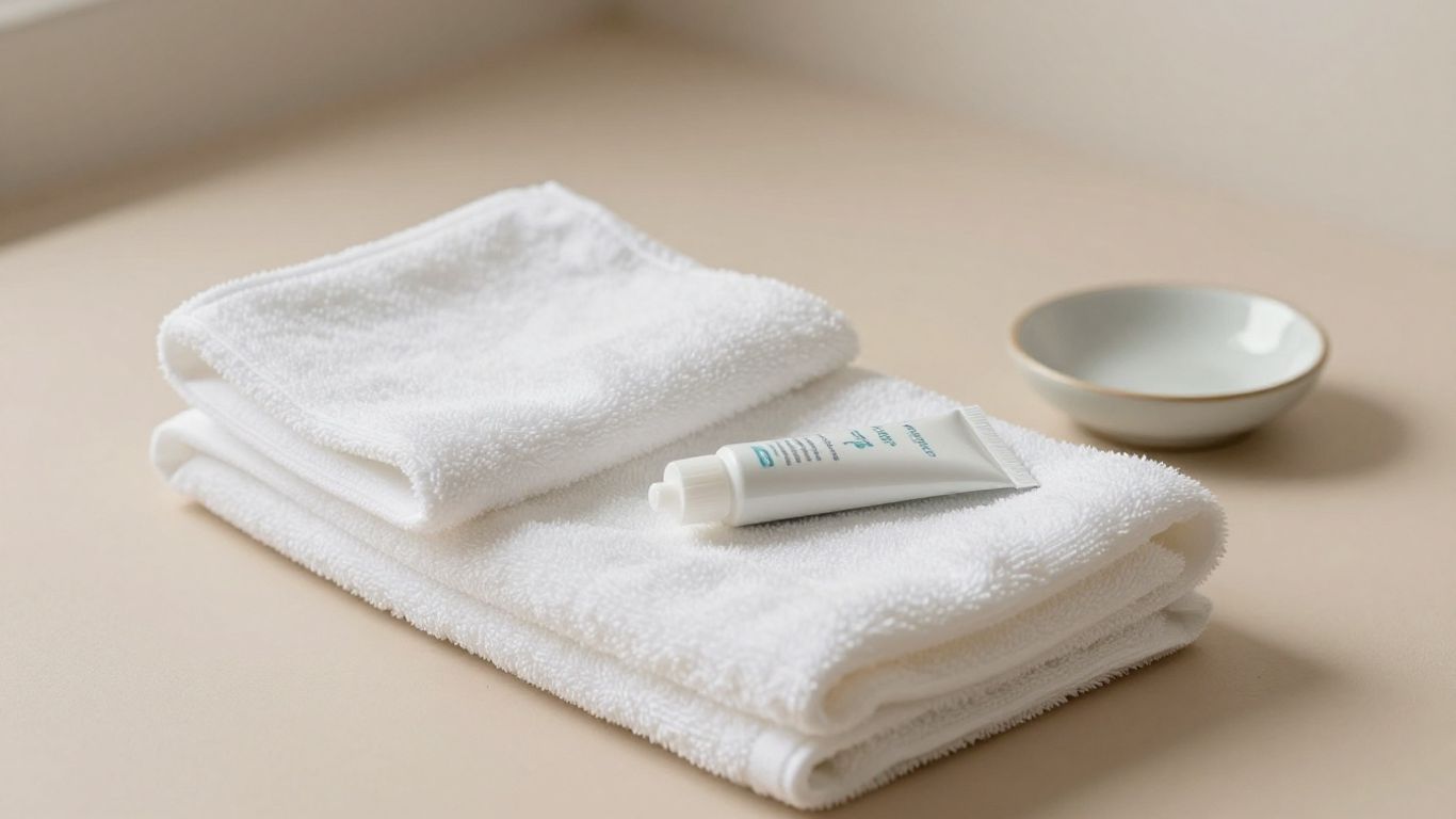 A personal lubricant tube beside folded towels