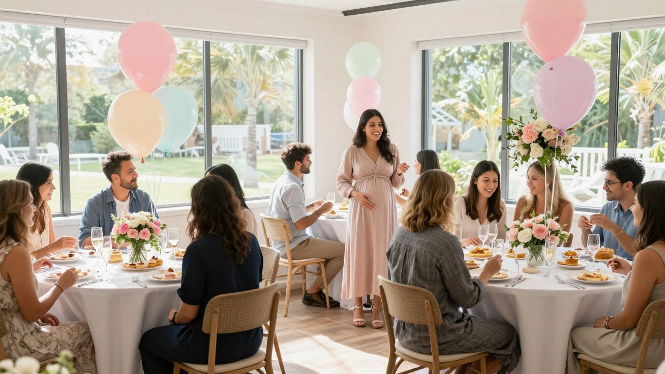 Elegant baby shower venue with balloons, flowers, and happy guests.