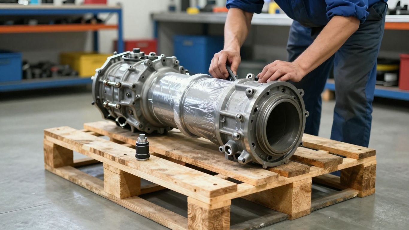 Used gearbox secured on workshop pallet