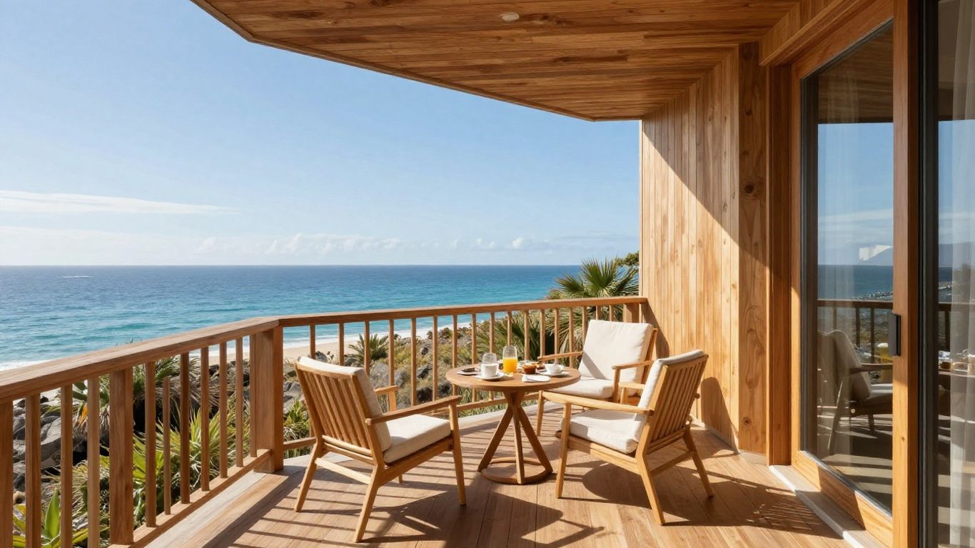 A relaxing sunny breakfast on a balcony.