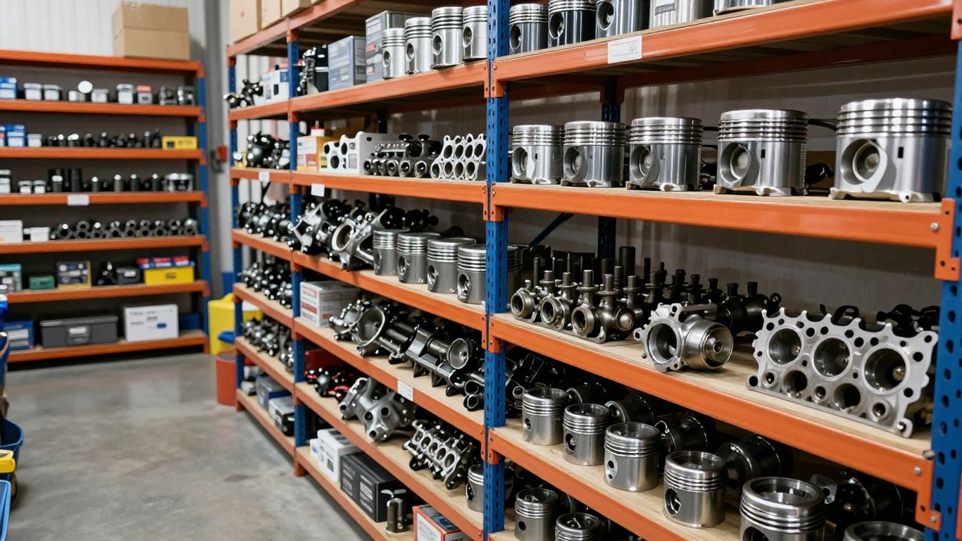 Auto parts warehouse interior with engine components on shelves.
