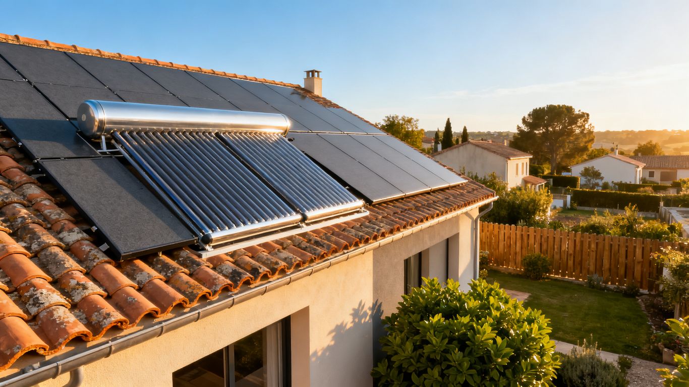 Toiture résidentielle avec panneaux solaires variés