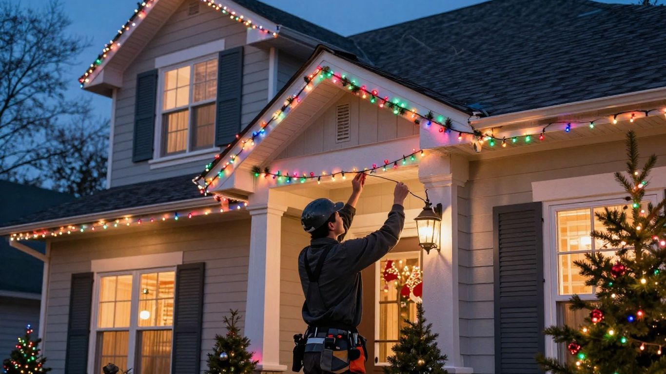 Professional Christmas light installation on a house.