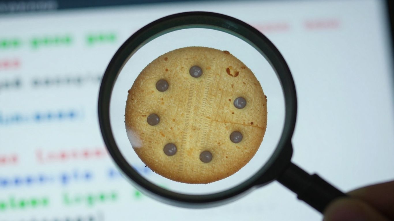 Digital cookie with magnifying glass, affiliate marketing tracking.