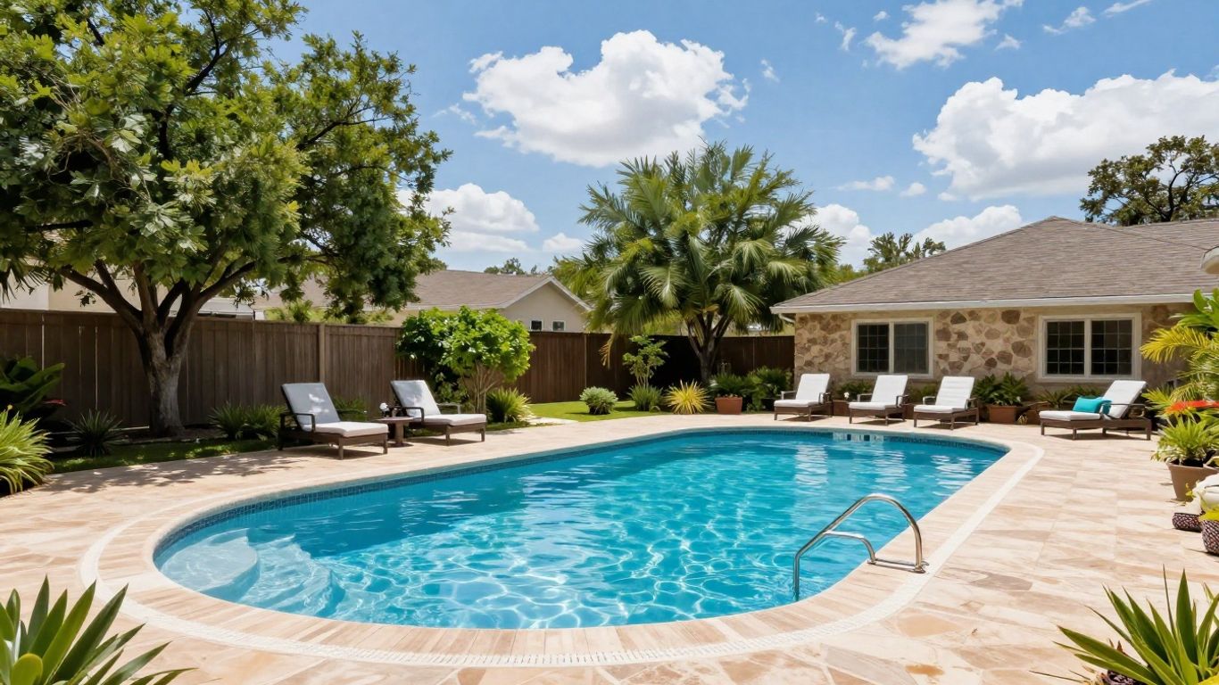 New swimming pool construction in a sunny New Braunfels backyard.