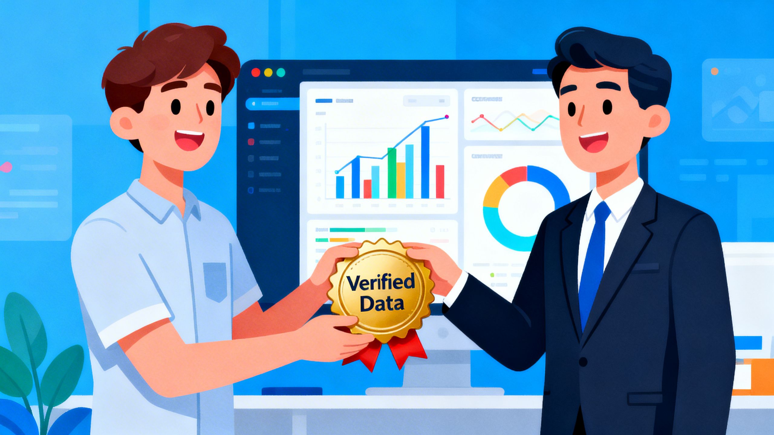 A cartoon of a data scientist handing a 'Verified Data' seal of approval to an eCommerce business owner in front of a dashboard.