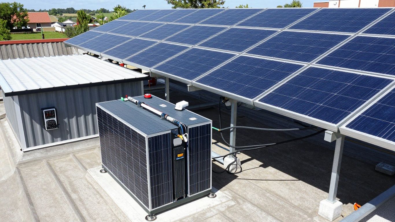 Off-grid solar panel system on a rooftop.