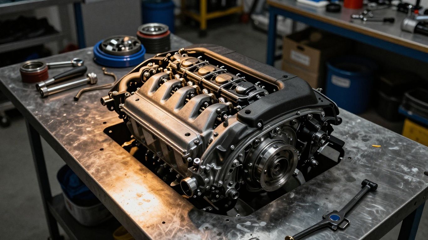 A BMW M3 engine bay sitting in a workshop
