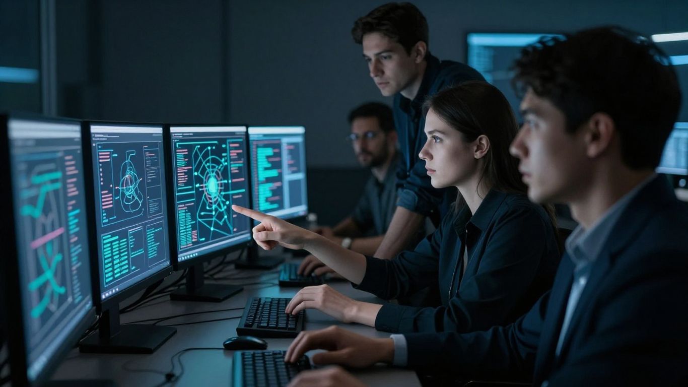 Cybersecurity team planning a simulated cyberattack response.