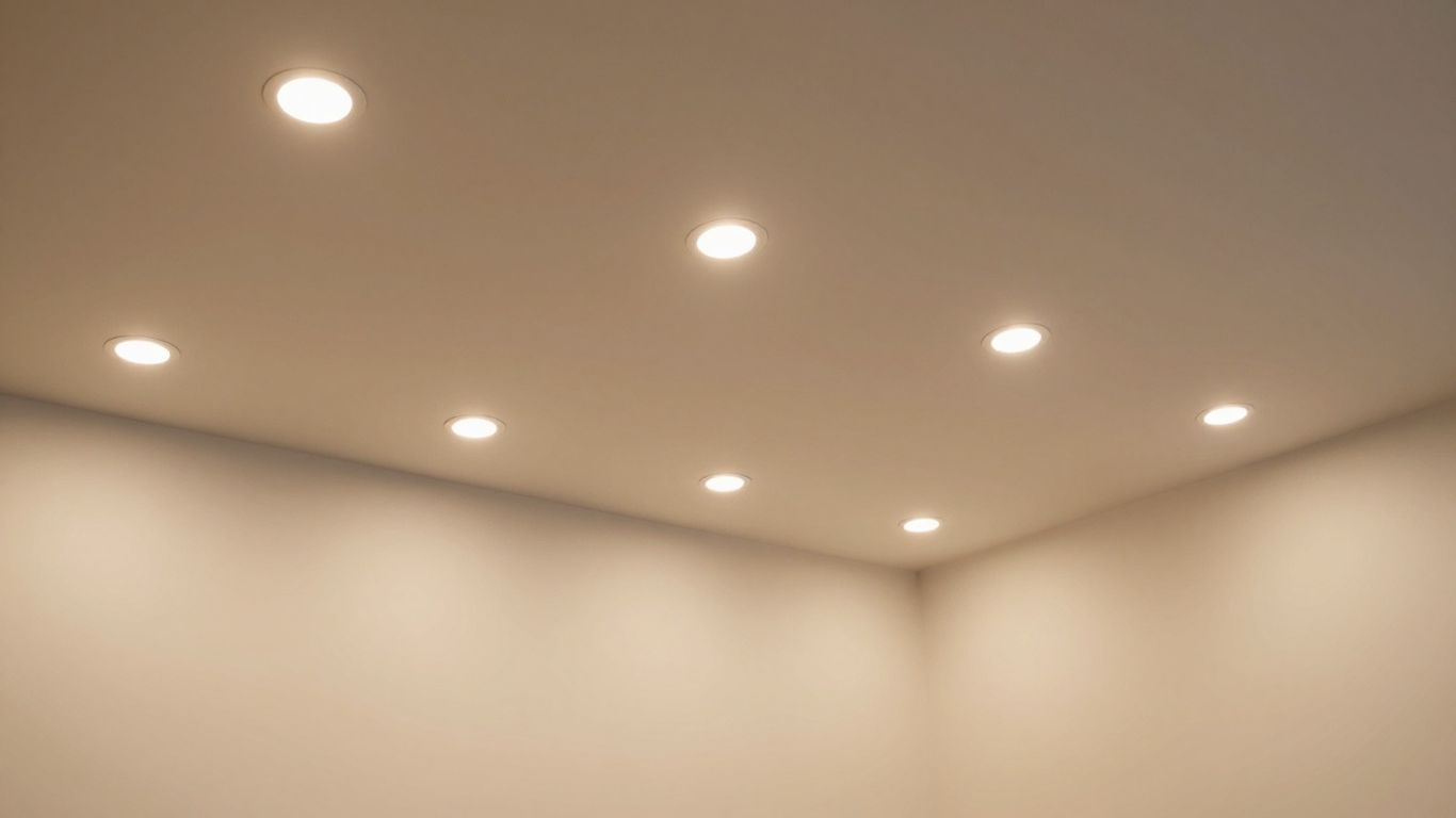 Recessed can lights in a modern living room.