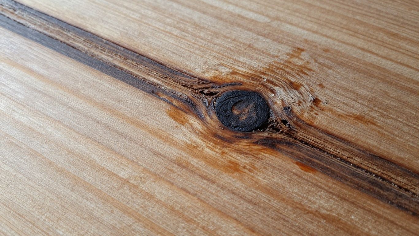 Damaged wood with swollen grain and water stains.