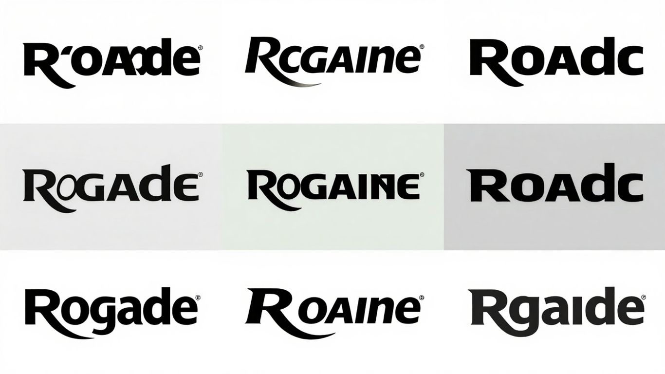 Rogaine logo evolution across different time periods.