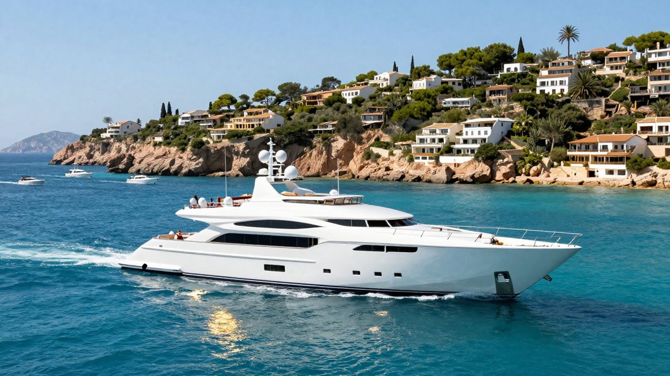 Luxury yacht sailing in Ibiza's clear blue waters.