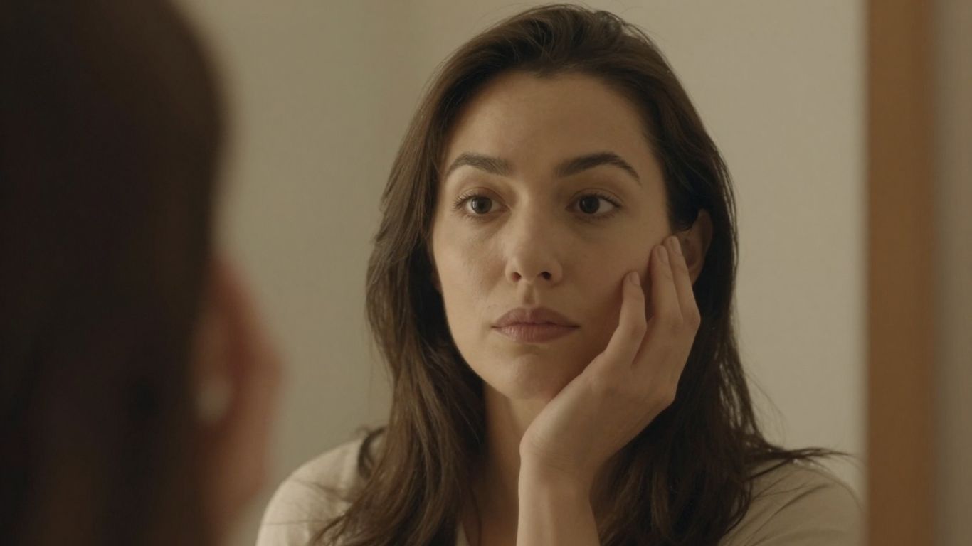 Mulher pensativa olhando no espelho, luz suave.