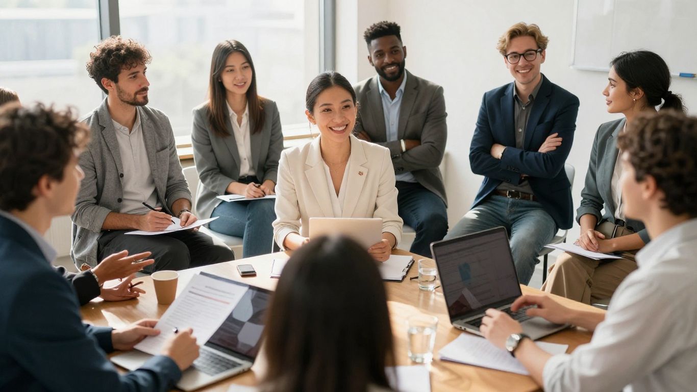 Personas sonriendo y colaborando en un entorno profesional.